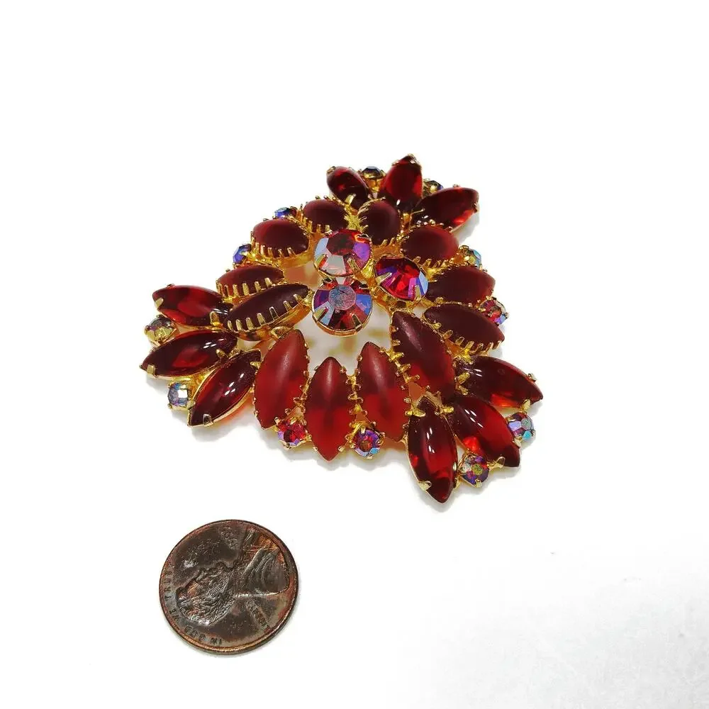 Red Art Glass & Rhinestone Brooch, Gold Plated, Juliana Style, 1960s Vintage